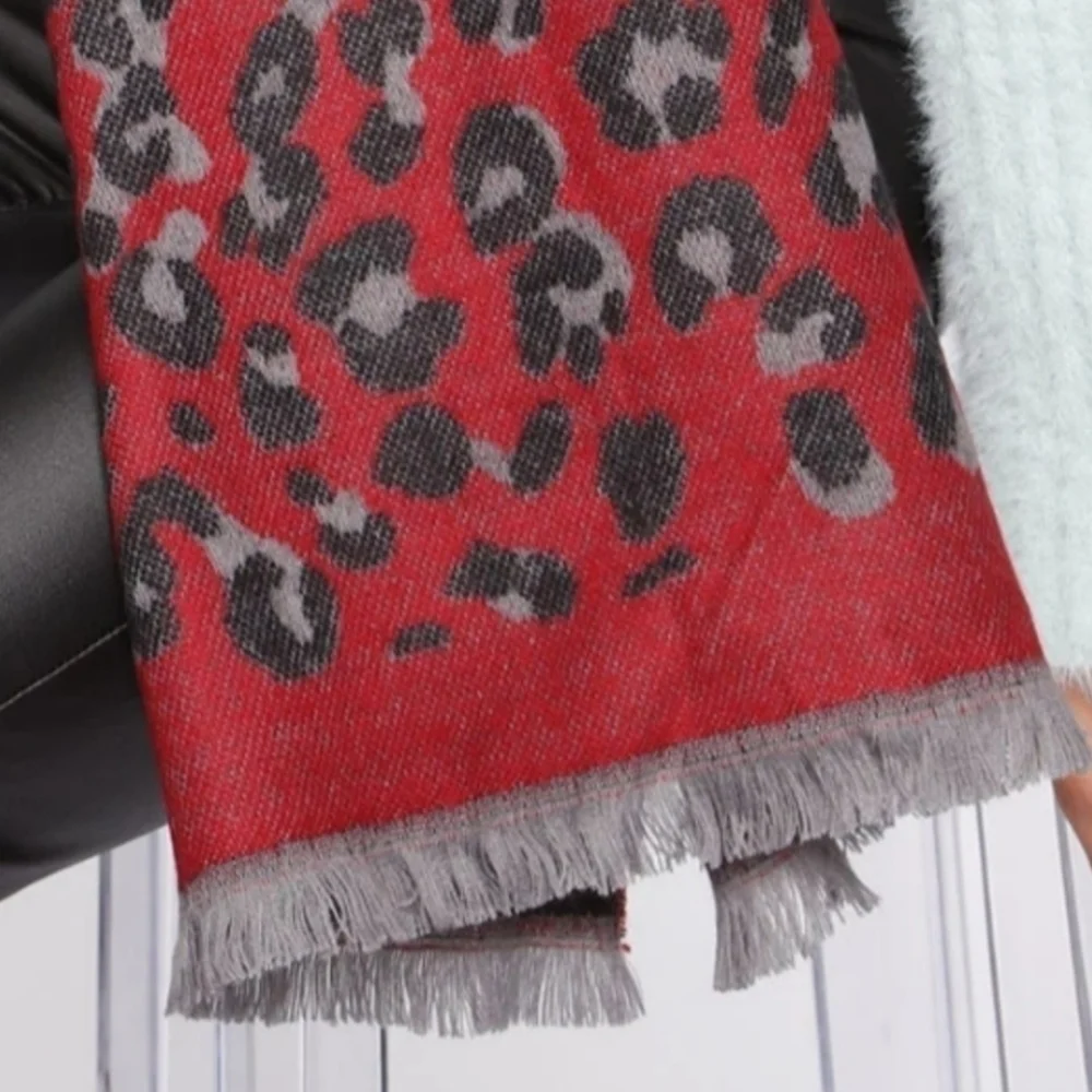 Fashion Nova Red And Gray Fringed Leopard Scarf